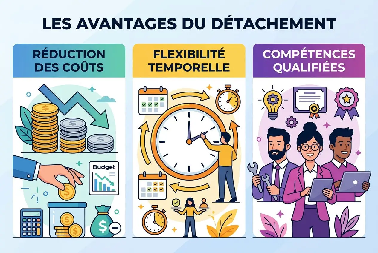 Les avantages du détachement d'un salarié : réduction des coûts, flexibilité temporelle et compétences qualifiées illustrés par des pictogrammes et personnages professionnels.