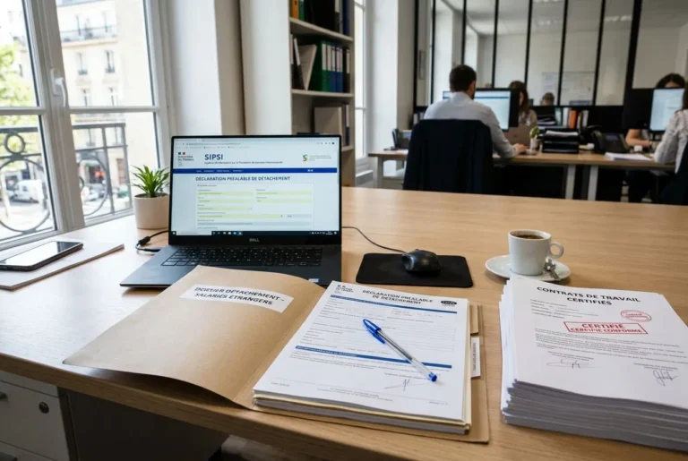Un bureau avec ordinateur portable affichant la plateforme SIPSI, entouré de documents imprimés et d’un stylo, prêt pour l’attestation de déclaration préalable de détachement.