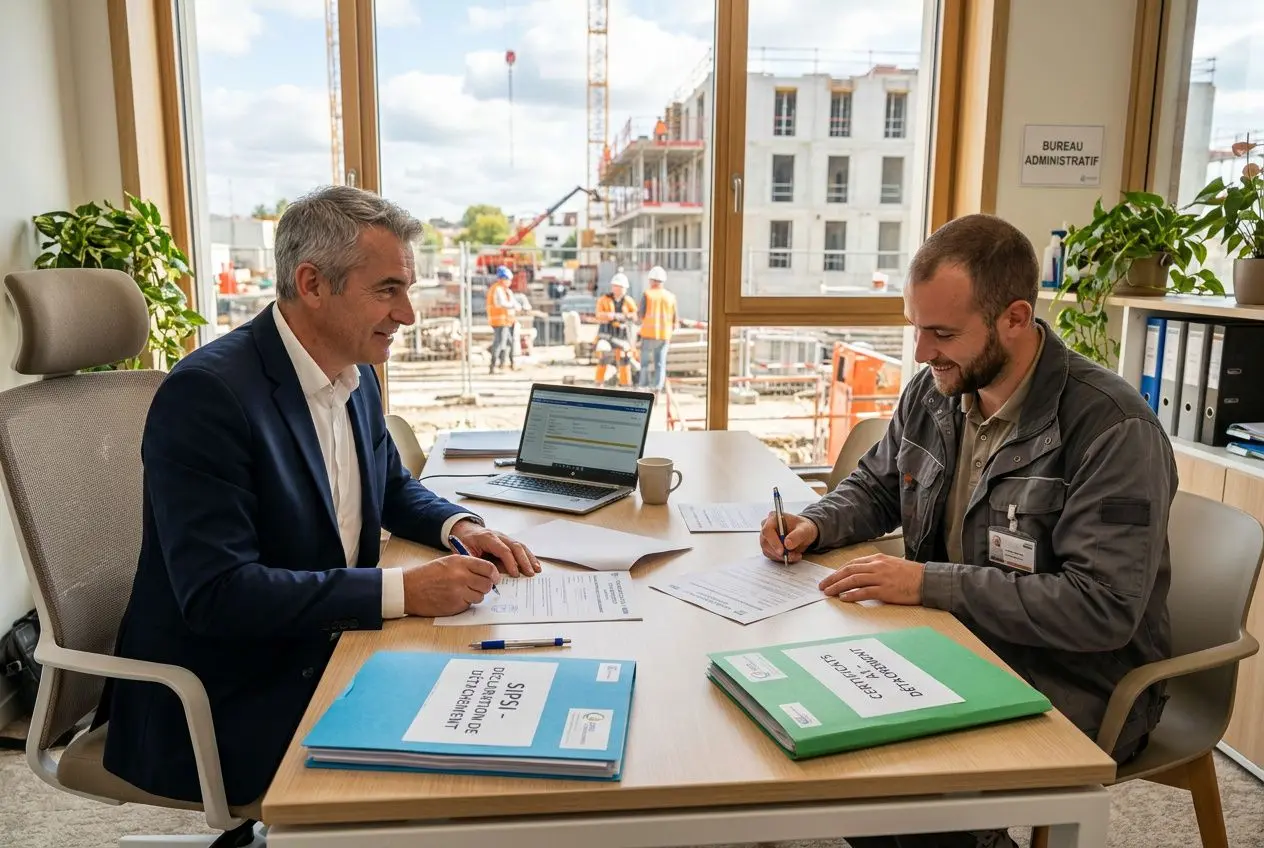 Deux hommes assis à une table de bureau, signant des documents; l’un porte un costume et l’autre une veste de travail. En arrière-plan, un chantier visible par la grande fenêtre. Travailleur détaché en france réglementation évoqué par les documents sur la table.