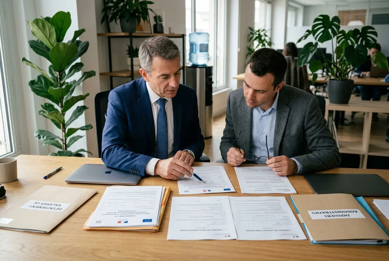 Deux hommes en réunion d’affaires, l’un en costume bleu, l’autre en veste gris, signent des documents sur une table avec des dossiers et des papiers.