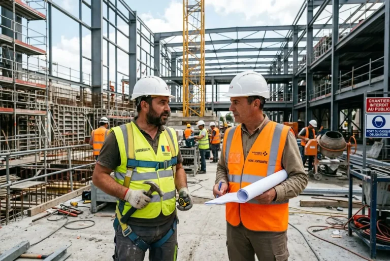 Deux ouvriers sur un chantier de construction discutant, l’un portant veste jaune et casque blanc, l’autre veste orange et casque blanc, avec plans.