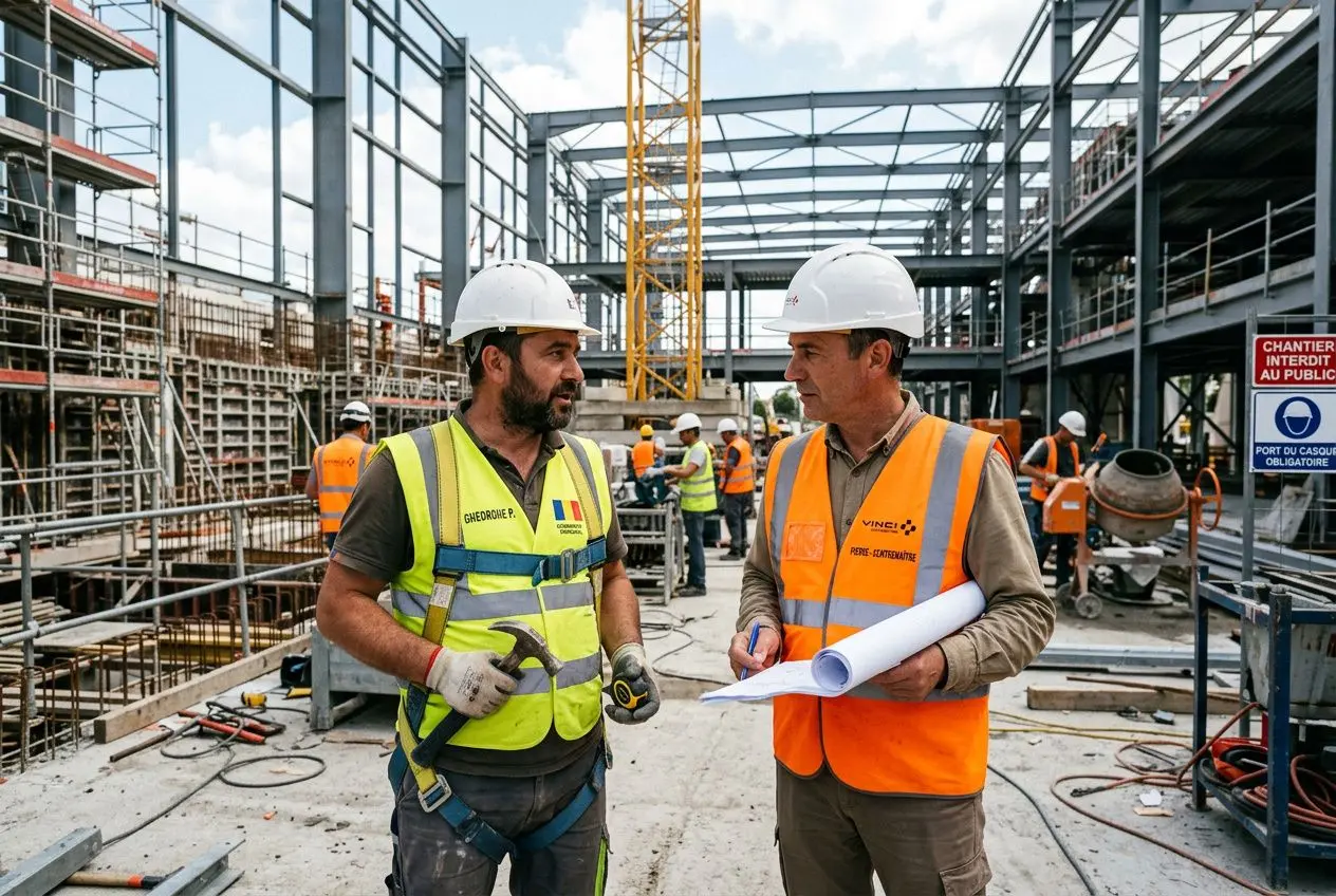 Deux ouvriers sur un chantier de construction discutant, l’un portant veste jaune et casque blanc, l’autre veste orange et casque blanc, avec plans.