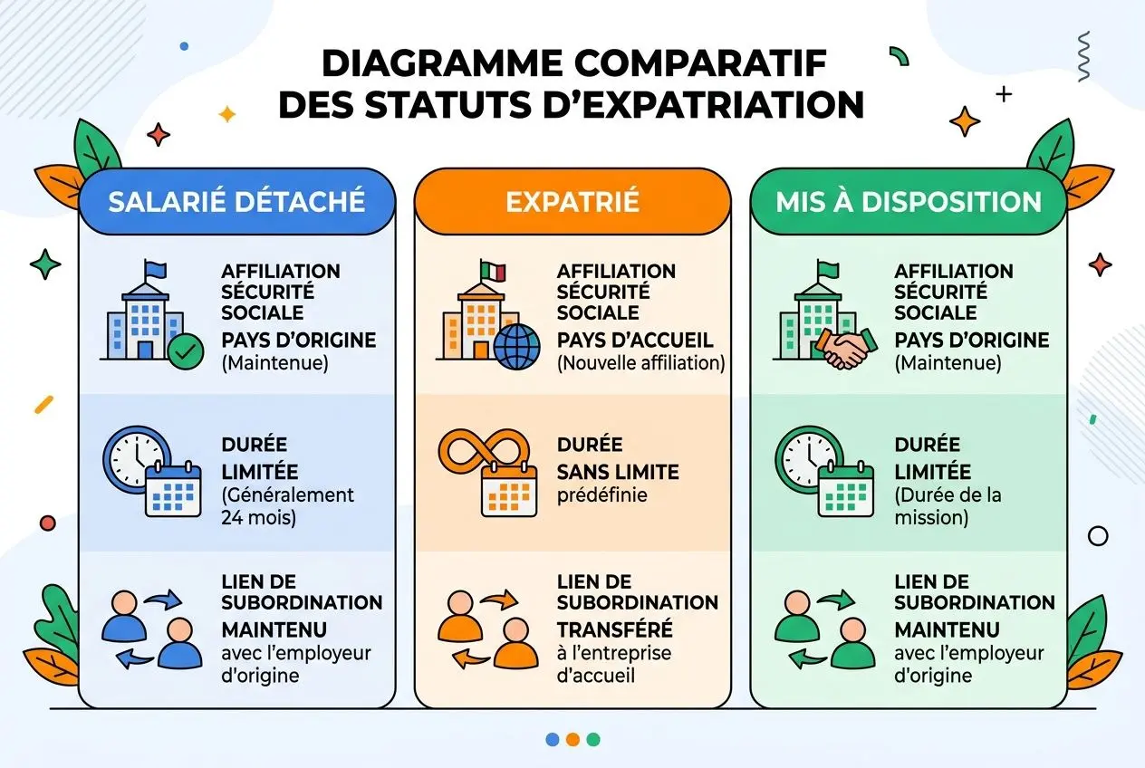 Diagramme comparatif des statuts d’expatriation: salarié détaché, expatrié et mis à disposition, avec icônes et repères clés.