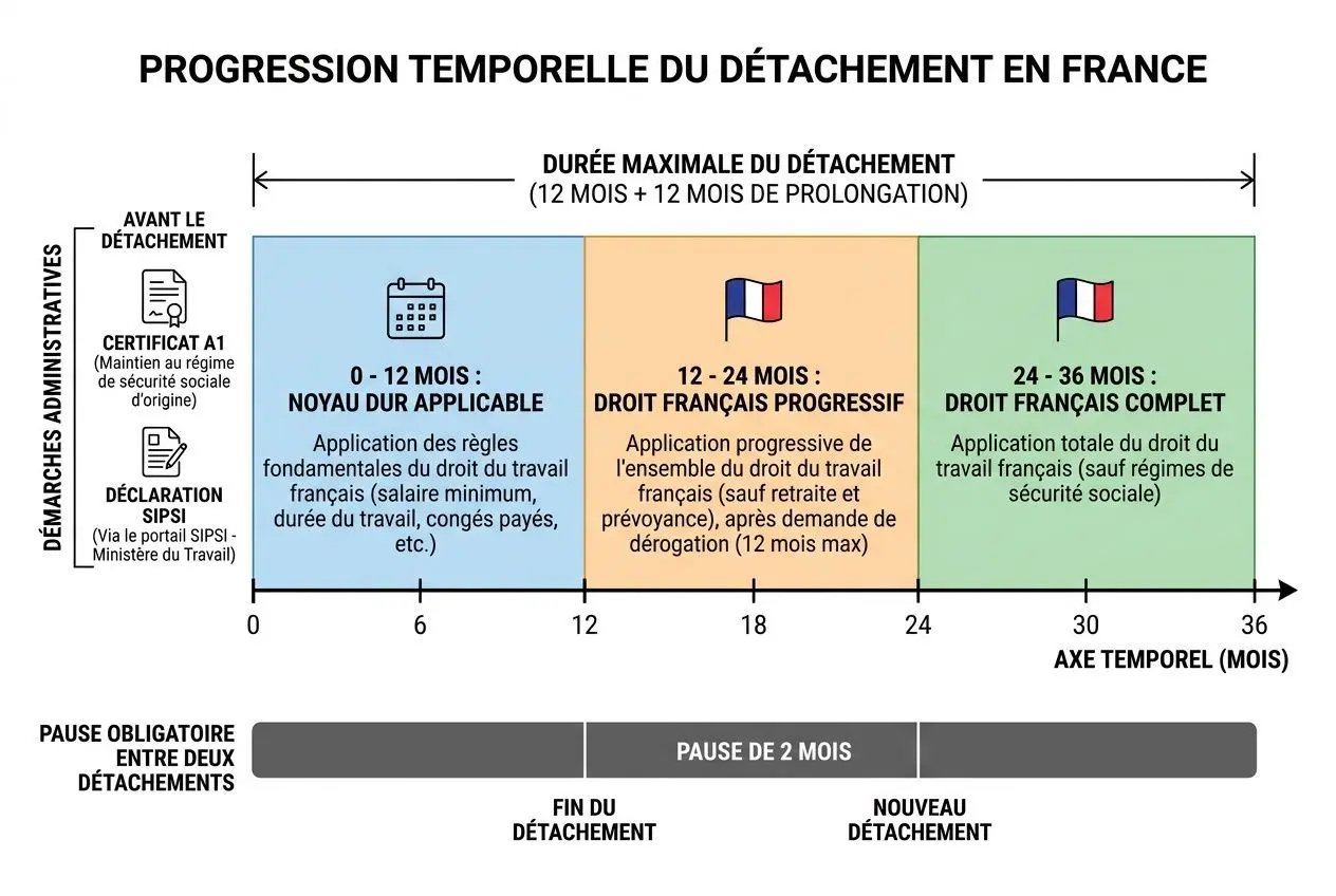 Diagramme illustrant la progression temporelle du détachement en France, avec quatre étapes et périodes associées, et les pauses obligatoires entre détachements. Inclut les délais 0–12 mois, 12–24 mois, 24–36 mois et les droits évolutifs du travailleur détaché, sous la réglementation française. intégré le terme travailleur détaché en france réglementation naturellement.