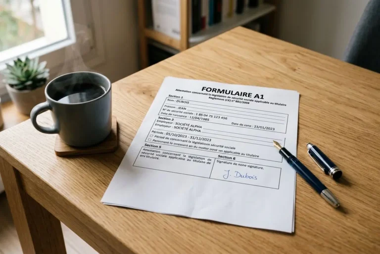 Formulaire A1 posé sur une table en bois à côté d’un mug, prêt à être rempli pour le salarié détaché.
