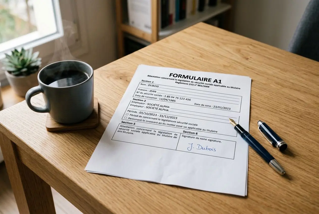Formulaire A1 posé sur une table en bois à côté d’un mug, prêt à être rempli pour le salarié détaché.