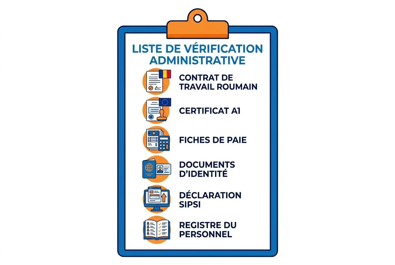 Liste de vérification administrative au format de carte: contrat de travail roumain, certificat A1, fiches de paie, documents d’identité, déclaration SIPSI, registre du personnel. Incorporer le thème: détachement de travailleurs roumains.