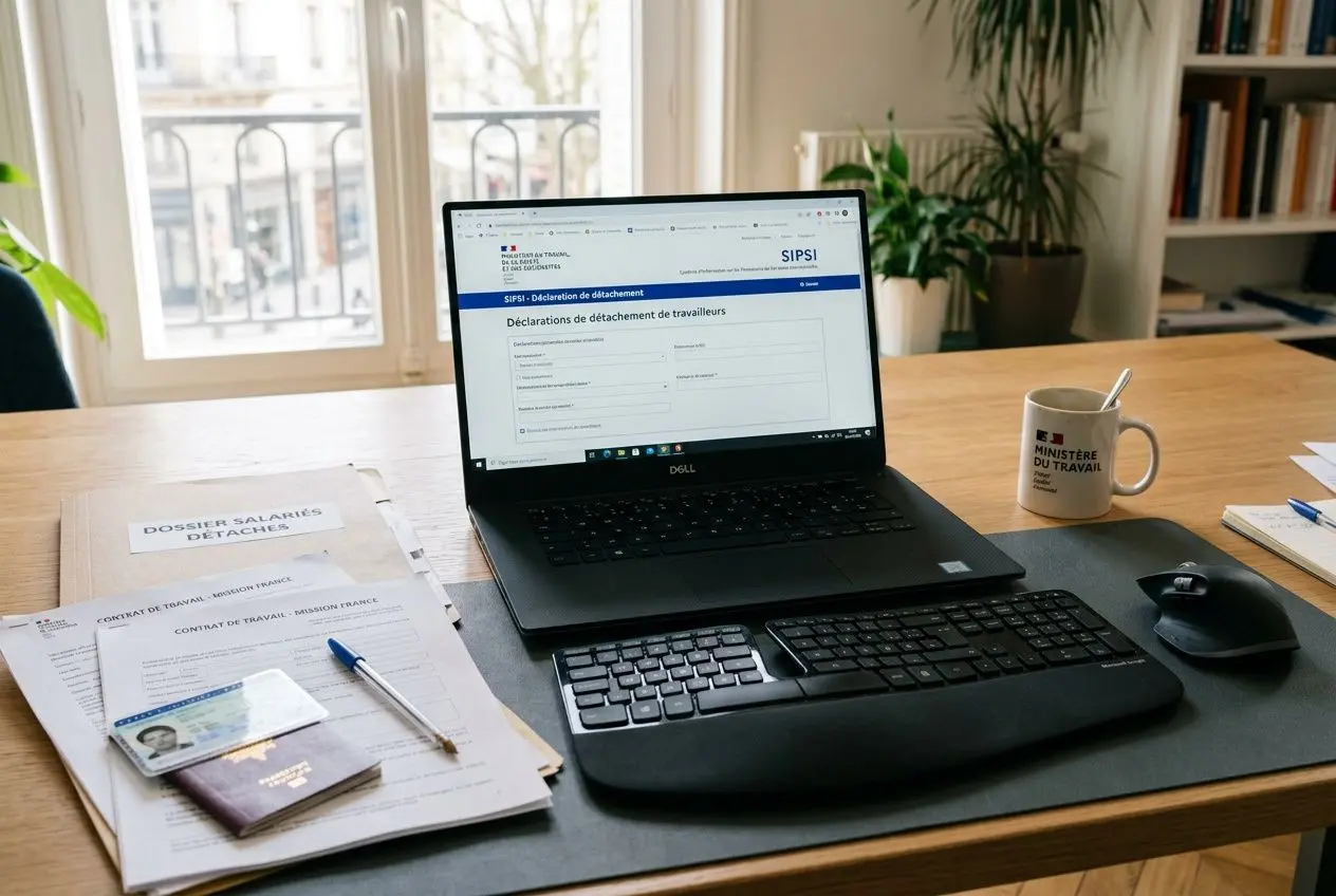 Ordinateur portable affichant une page SIPSI pour la déclaration de détachement de travailleurs, entouré de documents, carte d’identité et mug sur un bureau. intégrer: comment déclarer le détachement d'un salarié.