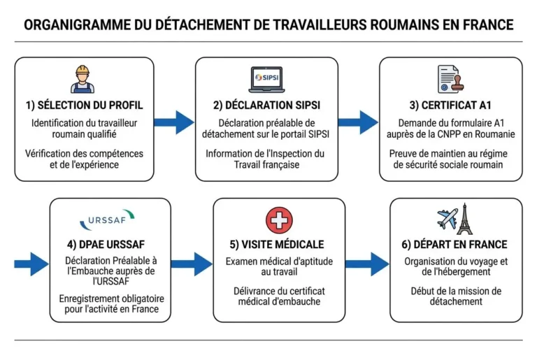 Organigramme du détachement de travailleurs roumains en France avec six étapes: sélection du profil, déclaration SIPSI, certificat A1, DPAE URSSAF, visite médicale et départ en France.