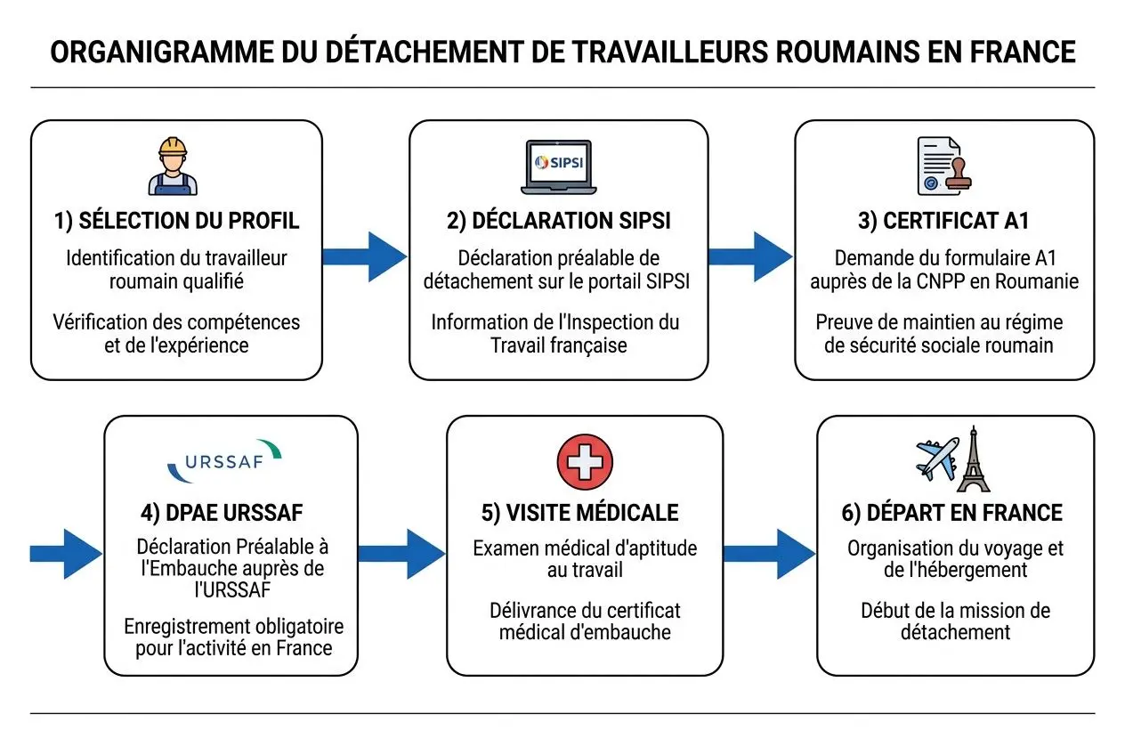 Organigramme du détachement de travailleurs roumains en France avec six étapes: sélection du profil, déclaration SIPSI, certificat A1, DPAE URSSAF, visite médicale et départ en France.