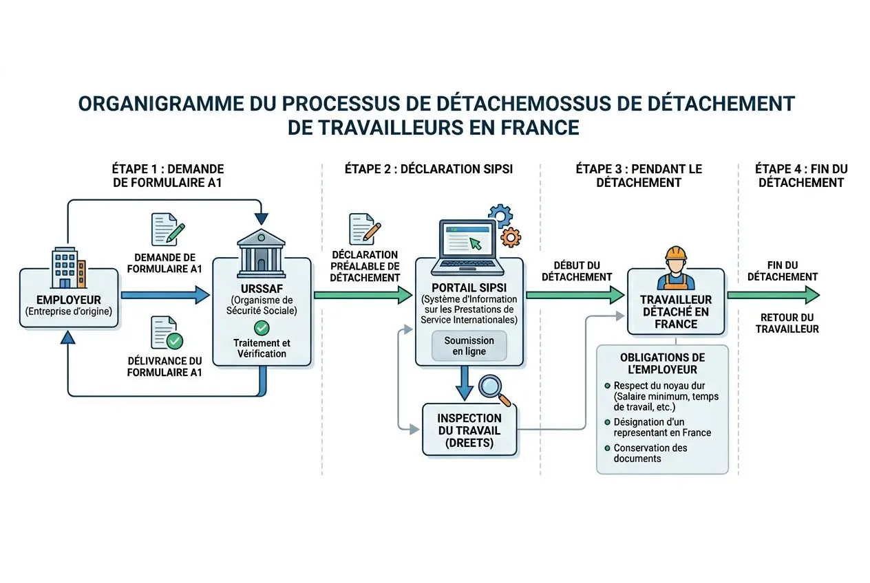 Organigramme illustrant le processus de détachement et de formulaire A1, étape par étape.