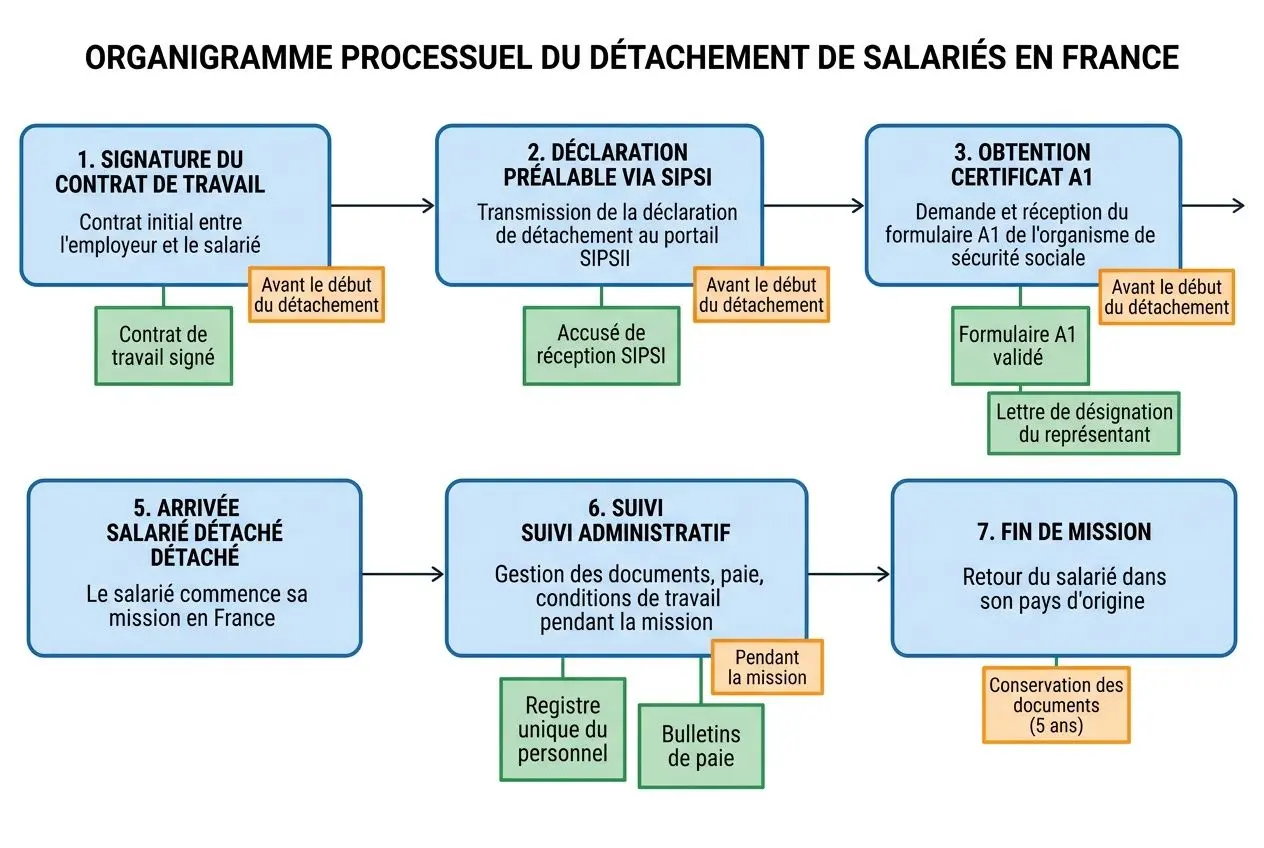 Organigramme procédural du détachement de salariés en France, étapes de signature, déclaration SIP/SIPS, obtention du certificat A1, arrivée et suivi administratif du salarié détaché. integrating keyword: "salarié détaché définition" not directly in sentence but we must integrate keyword naturally. Let's craft: "Schéma processuel du salarié détaché : définition et étapes clés (contrat, déclaration préalable, certificat A1, suivi administratif et retour)" Ensure 125 chars. Let's produce: "Schéma du salarié détaché définition et étapes: contrat, déclaration SIP/SIPS, certificat A1, suivi administratif et retour." count ~ 108. Good. Schéma du salarié détaché définition et étapes: contrat, déclaration SIP/SIPS, certificat A1, suivi administratif et retour.