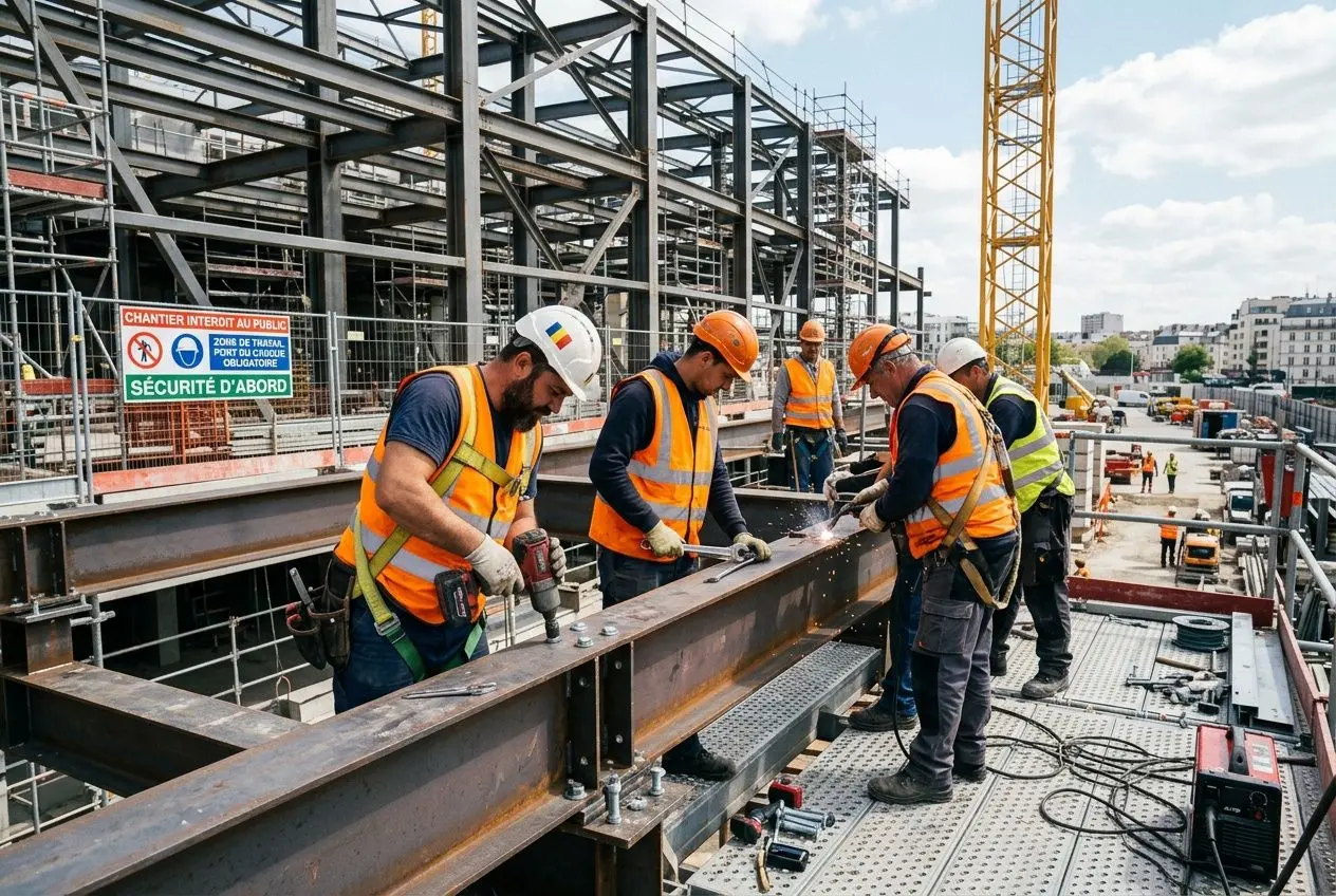 Ouvriers en sécurité sur un chantier, portant gilets orange et casques, travaillant sur une poutrelle métallique sous construction. détachement de travailleurs roumains à l’honneur.
