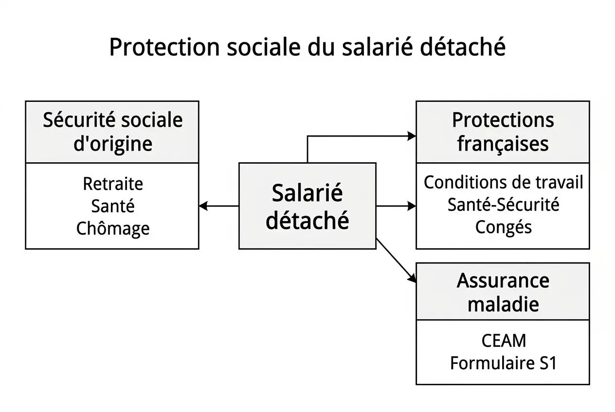 Protection sociale du salarié détaché: diagramme montrant le salarié détaché au centre, avec sécurité sociale d'origine à gauche et protections françaises, assurance maladie et formulaire S1 à droite.