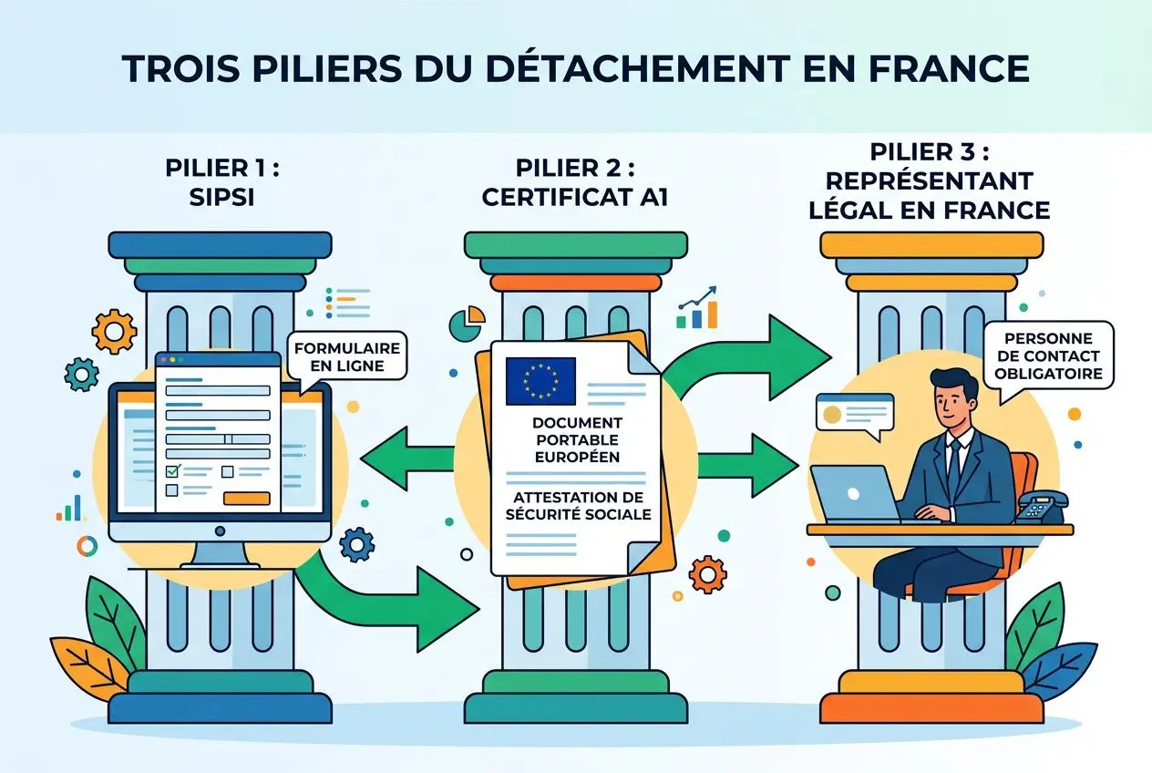 Trois piliers du détachement en France: SIPSI, certificat AI et représentant légal; illustration d’un formulaire en ligne et documents, symbole de procédures obligatoires. Comment déclarer le détachement d'un salarié.