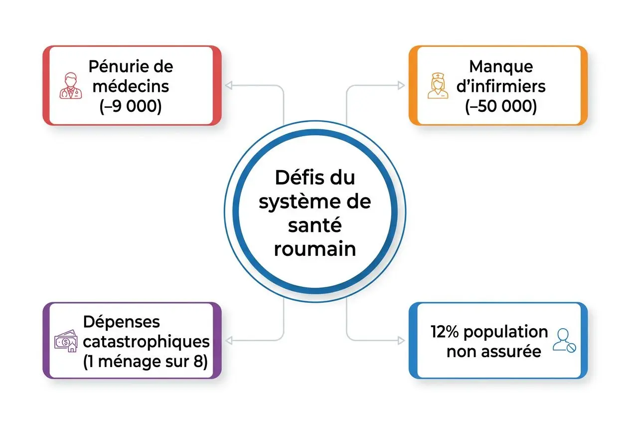 Acteurs et défis du système de santé roumain: pénurie de médecins, manque d'infirmiers, dépenses catastrophiques, et 12% de la population non assurée.