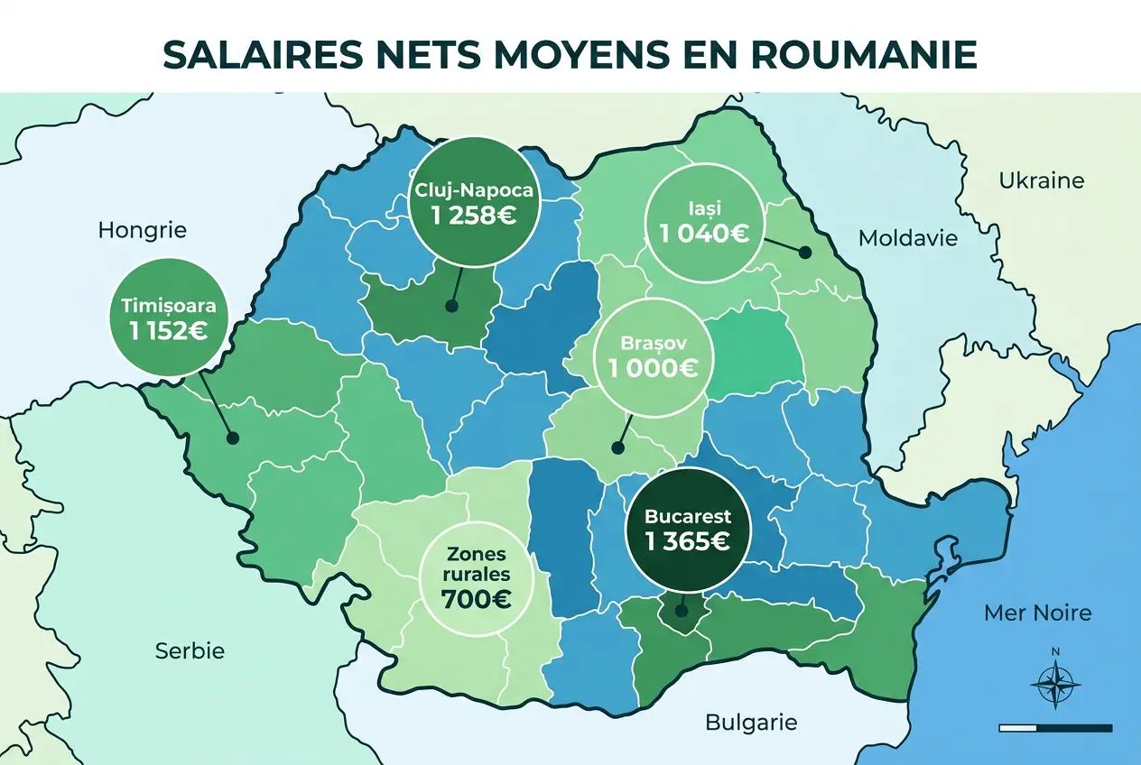 Carte des salaires nets moyens en Roumanie par région, avec Berlinisé: Bucarest 1365€, Cluj-Napoca 1258€, Iasi 1040€, Brașov 1000€, Timisoara 1152€, zones rurales 700€.