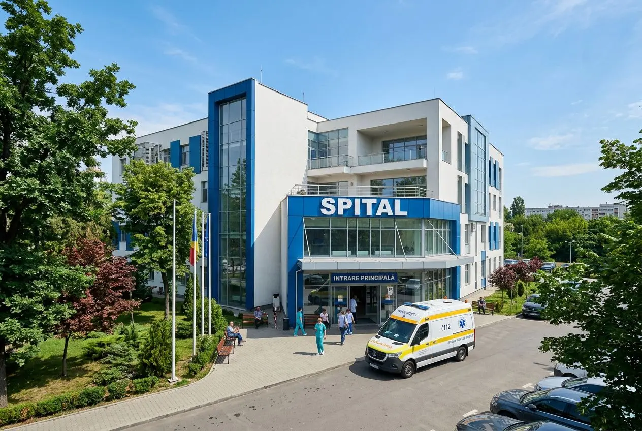 Centre hospitalier moderne avec entrée principale et ambulance à l’avant, entouré de verdure; symbolise le système de santé roumain.