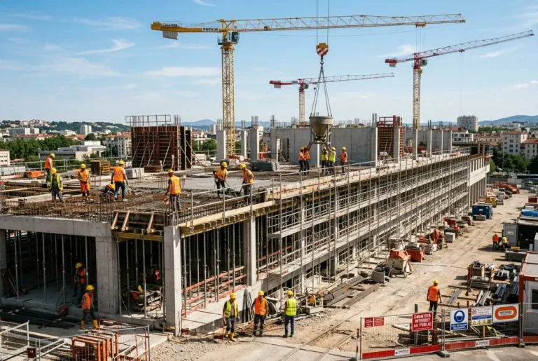 Chantier du BTP en activité avec ouvriers et grues, bâtiment en construction et matériel, photo montrant les métiers du btp en pénurie.
