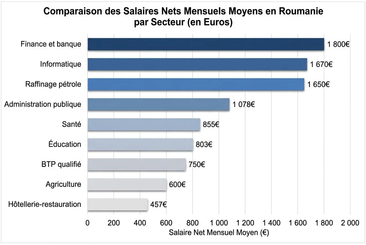 Comparaison des salaires nets mensuels moyens par secteur en Roumanie, avec les valeurs displayées (finance et banque 1800€, informatique 1670€, raffinage pétrole 1650€, administration publique 1078€, santé 855€, éducation 803€, BTP qualifié 750€, agriculture 600€, hôtellerie-restauration 457€); intégrant le mot-clé salaire moyen roumanie.
