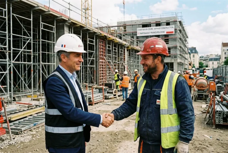 Deux ouvriers se serrent la main sur un chantier, l’un en costume avec casque blanc et gilet, l’autre en t-shirt/vest en sécurité et casque rouge, entourés d’équipements et d’échafaudages. Détail: activité liée au détachement de main-d’œuvre polonaise en france.