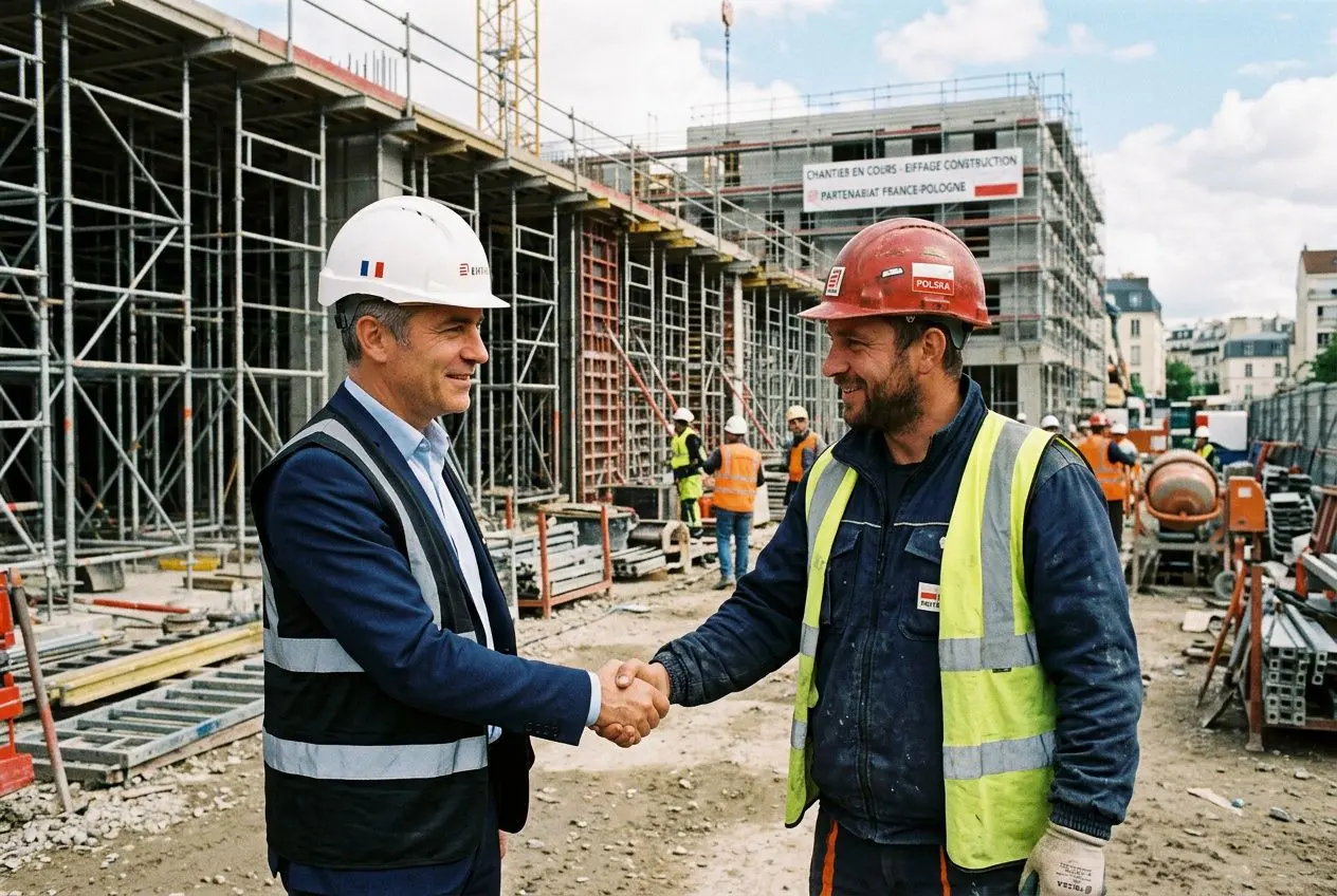 Deux ouvriers se serrent la main sur un chantier, l’un en costume avec casque blanc et gilet, l’autre en t-shirt/vest en sécurité et casque rouge, entourés d’équipements et d’échafaudages. Détail: activité liée au détachement de main-d’œuvre polonaise en france.