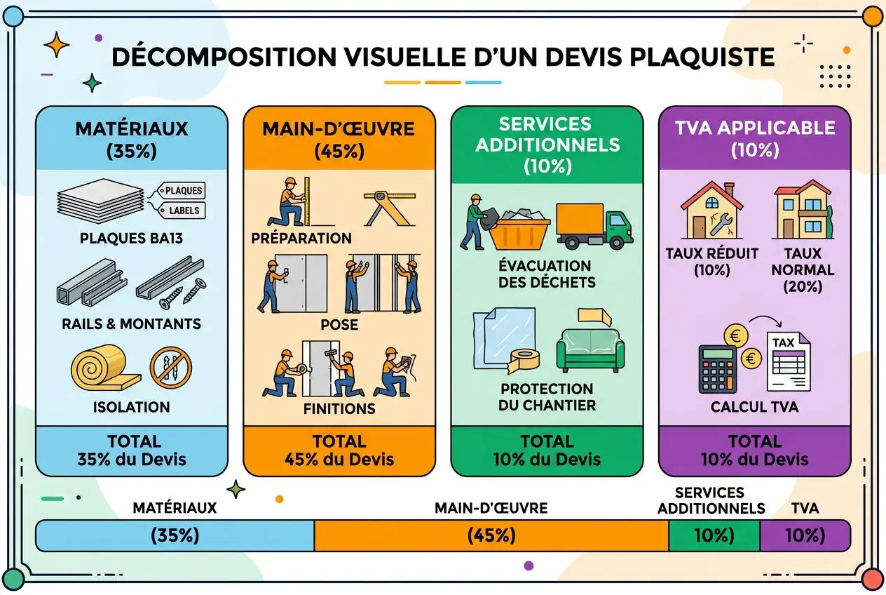 Devis plaquiste : répartition visuelle des postes (matériaux, main-d’œuvre, services supplémentaires, TVA) pour une estimation placo. Tarif m2 avec fourniture intégré, selon matériaux et travaux du client.