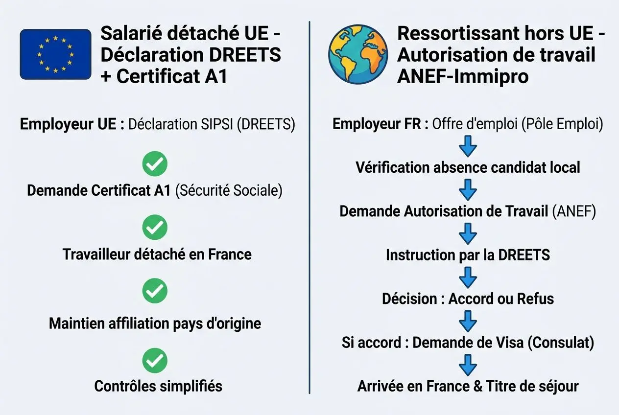 Diagramme comparant les démarches : salarié détaché UE et autorisation de travail hors UE, avec étapes et coche verte. Intègre le thème « comment faire venir un travailleur étranger en france ».