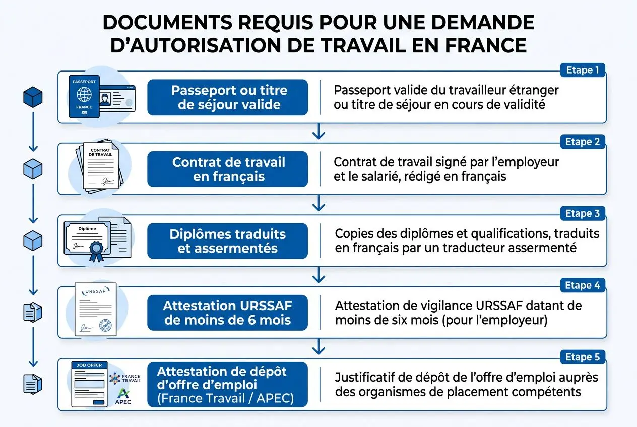 Diagramme des documents requis pour une demande d'autorisation de travail en France, étape par étape, lié au sujet comment faire venir un travailleur étranger en France.