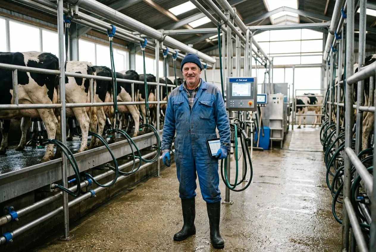 Homme agriculteur en combinaison bleue et bottes noires dans une stabulation près des vaches, avec équipement de traite et console numérique. Le tout illustre le recrutement main d'oeuvre agricole.