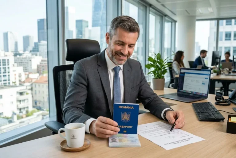 Homme d'affaires en costume signe des documents avec un passeport roumain, dans un bureau lumineux. comment embaucher un roumain en france
