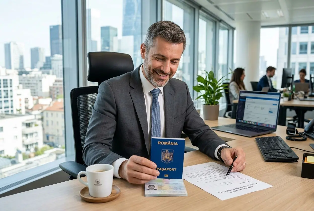 Homme d'affaires en costume signe des documents avec un passeport roumain, dans un bureau lumineux. comment embaucher un roumain en france