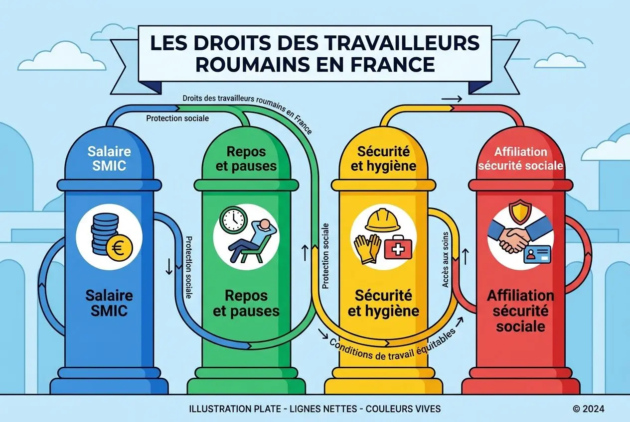 Illustration informelle montrant les droits des travailleurs roumains en France, avec quatre icônes: salaire, repos et pauses, sécurité et hygiène, affiliation sécurité sociale.