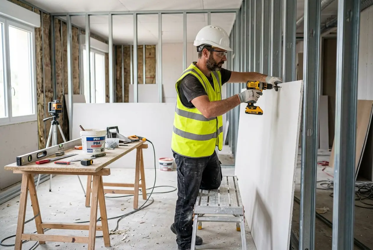 Plaquiste en chantier, casque et gilet jaune utilisant une perceuse sur une cloison, outils et matériaux sur la table à côté. agence intérim plaquiste france visionne le poste.