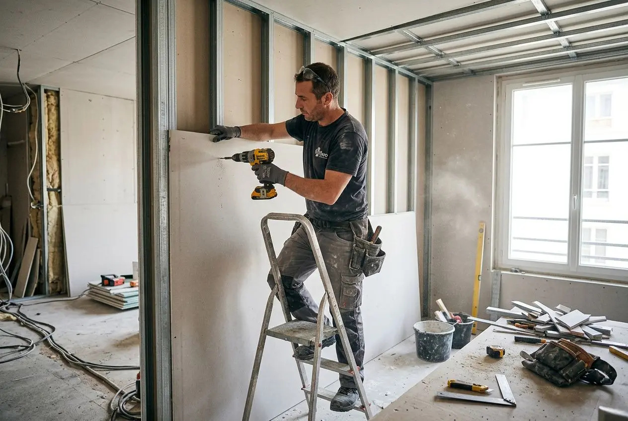 Plaquiste sur échelle posant une plaque de plâtre sur cloison en construction, outils à portée de main dans une pièce en rénovation. tarif plaquiste m2 avec fourniture intégré.