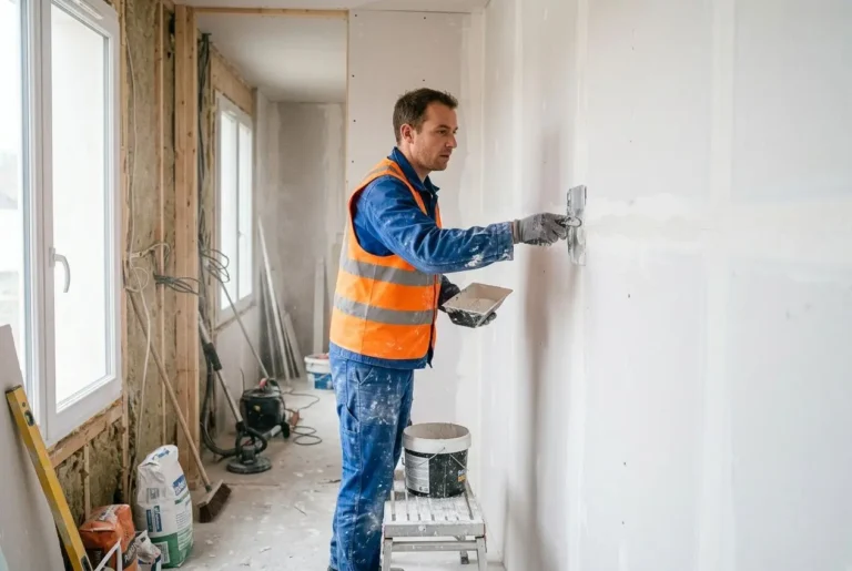 Plaquiste en rosseporte orange et veste réfléchissante appliquant du plâtre sur un mur intérieur en chantier. Plaquiste roumain france contrat.