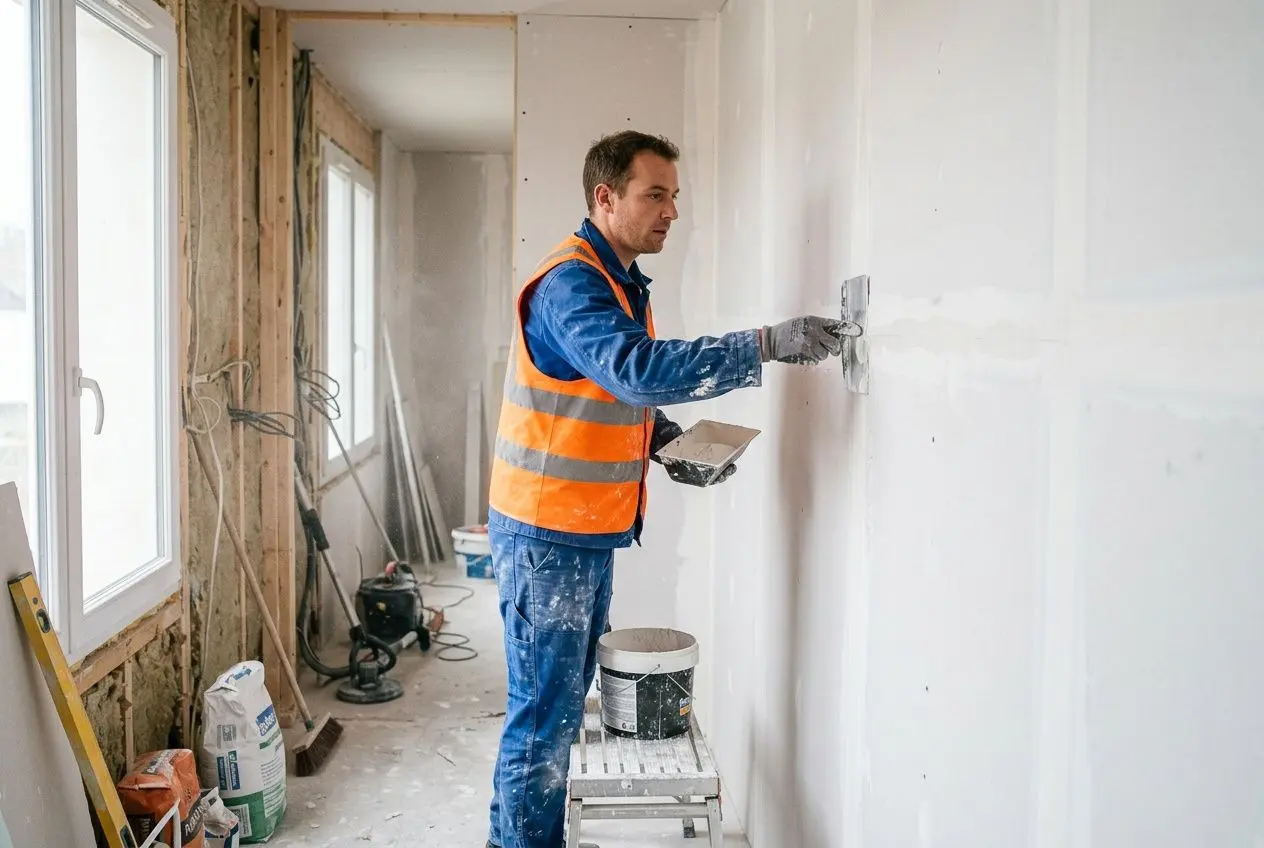 Plaquiste en rosseporte orange et veste réfléchissante appliquant du plâtre sur un mur intérieur en chantier. Plaquiste roumain france contrat.