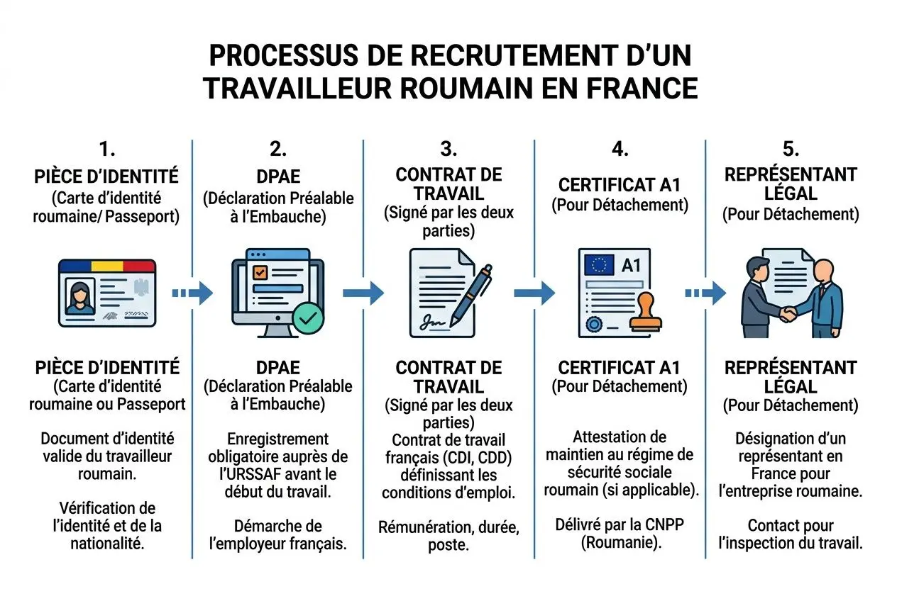 Processus de recrutement d’un travailleur roumain en France, étape par étape avec pièces d’identité, DPAE, contrat de travail, certificat A1 et représentant légal.