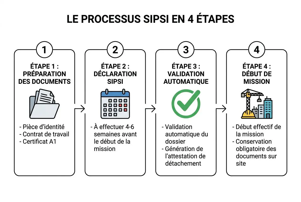 Processus SIPSIs en 4 étapes illustrant préparation des documents, déclaration SIPSIs, validation automatique et début de mission. plaquiste roumain france contrat intégré naturellement.