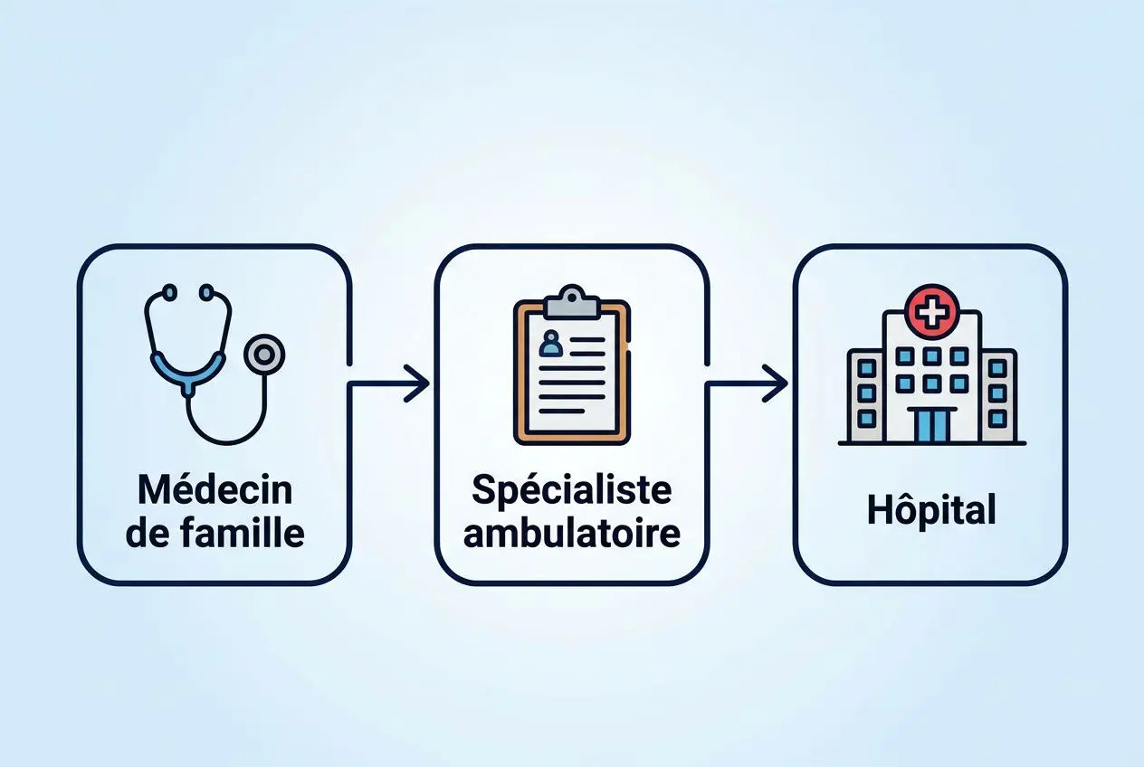 Processus de soins du système de santé roumanie: médecin de famille → spécialiste ambulatoire → hôpital, illustration médicale laz.