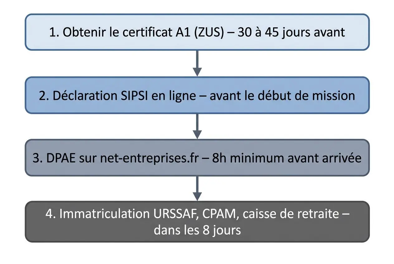Schéma procédural du détachement de main-d’œuvre polonaise en france: étapes 1 à 4 montrant les délais et documents requis.