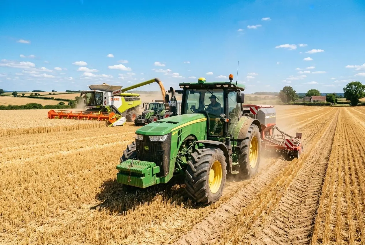 Tracteur agricole vert en pleine moisson sur un champ doré, avec matériel de récolte à l’arrière et vaste paysage rural. tarif prestation travaux agricole.