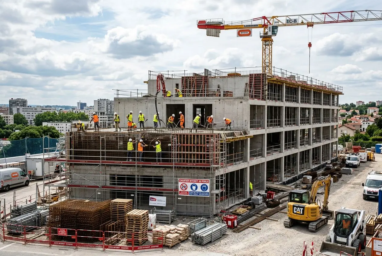 Chantier de bâtiment en construction avec grue, ouvriers en sécurité et structures en béton, illustration des métiers btp qui recrutent 2026.