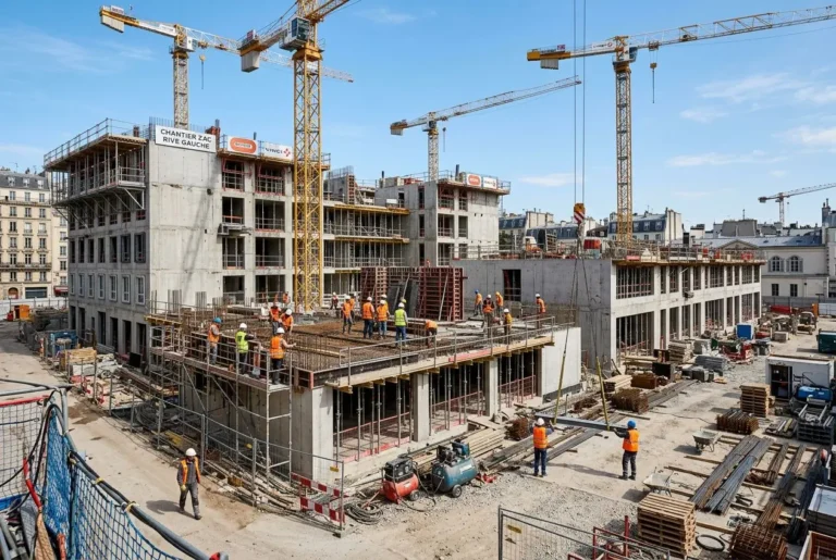 Chantier de construction en France avec plusieurs grues et ouvriers sur les plateformes, illustration du secteur btp.