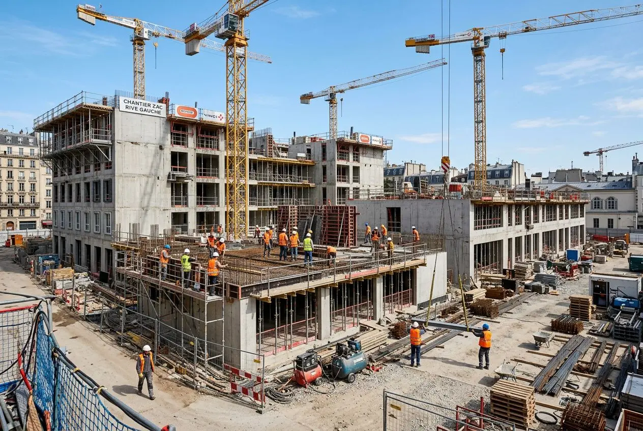 Chantier de construction en France avec plusieurs grues et ouvriers sur les plateformes, illustration du secteur btp.