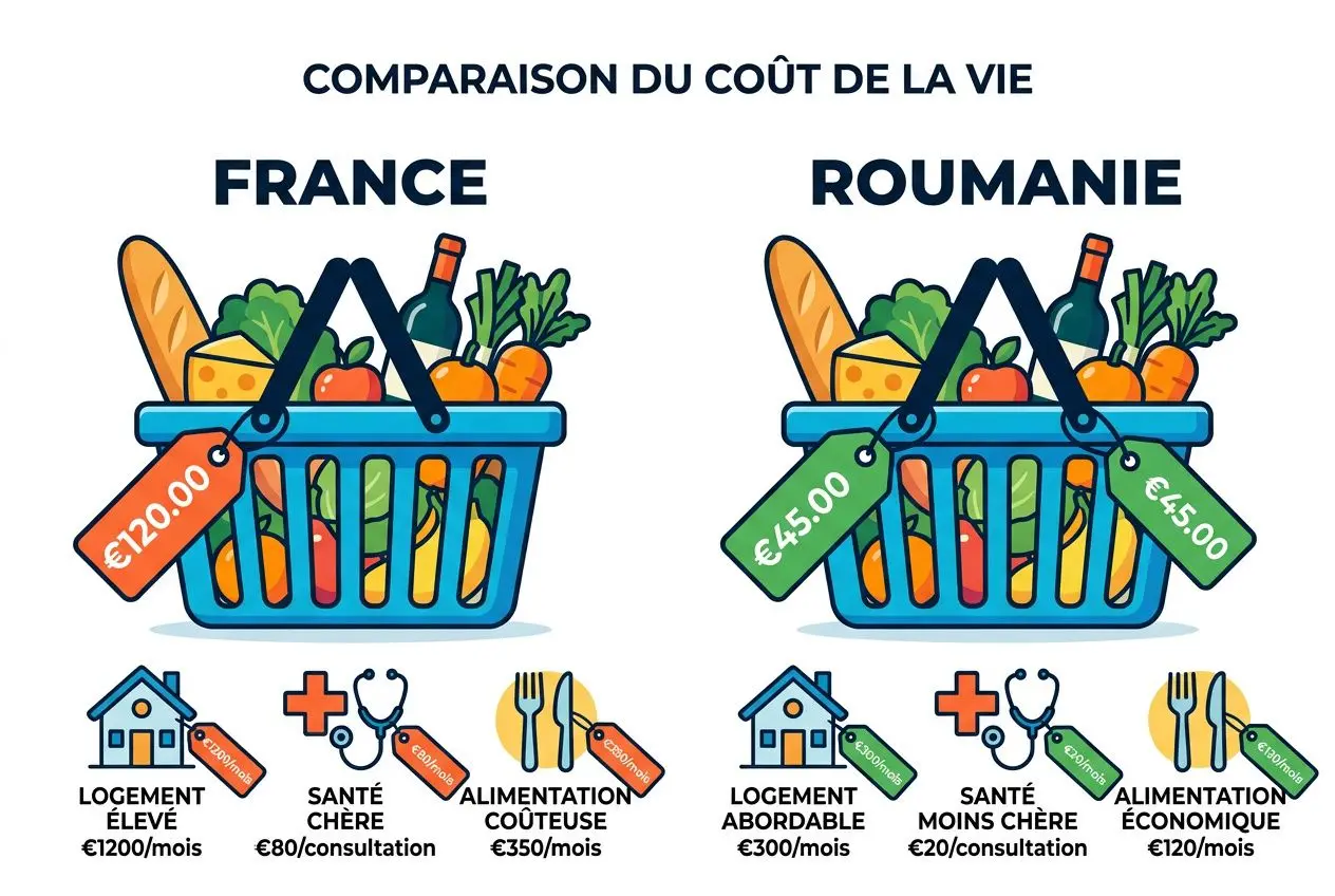 Comparaison du coût de la vie: illustration FRANCE vs ROUMANIE avec panier = dépenses logement, santé et alimentation. Passer sa retraite en Roumanie est évoqué indirectement via coût de la vie.