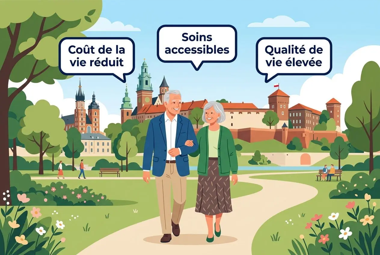 Couple âgé se promenant dans un parc urbain, avec des bulles indiquant “Coût de la vie réduit”, “Soins accessibles” et “Qualité de vie élevée” sous un ciel bleu. intégration du thème vivre en Pologne avantages et inconvénients.