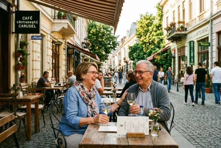 Couple de retraités souriants dégustant un verre de vin dans une rue pavée, cafés et boutiques ambiance locale. Passer sa retraite en Roumanie évoquée indirectement.