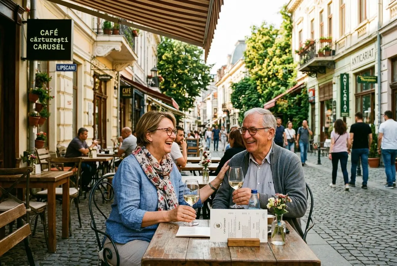 Couple de retraités souriants dégustant un verre de vin dans une rue pavée, cafés et boutiques ambiance locale. Passer sa retraite en Roumanie évoquée indirectement.