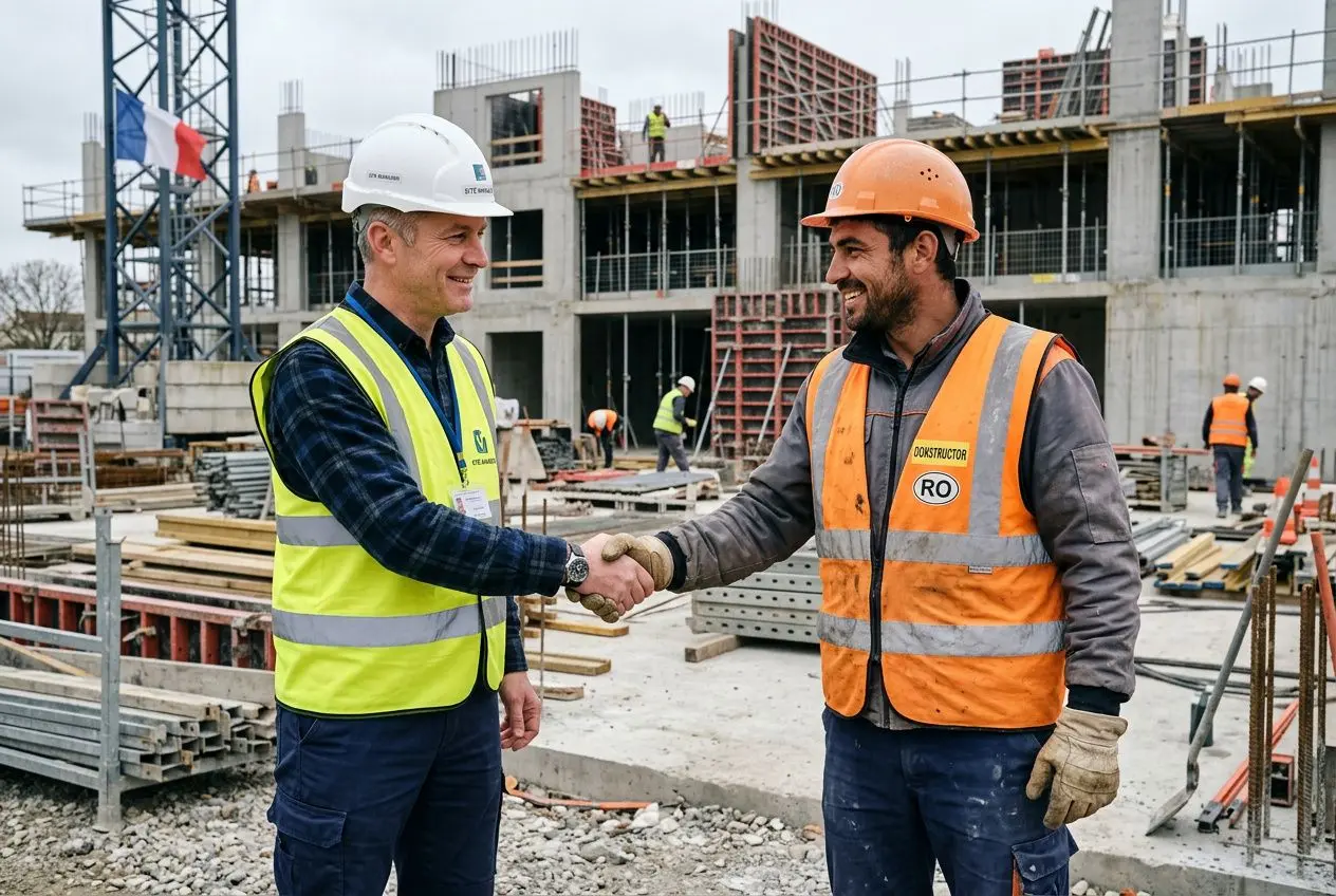 Deux ouvriers se serrent la main sur un chantier, l’un en gilet jaune et casque blanc, l’autre en gilet orange et casque orange, représentant une collaboration entre une agence interim travailleurs roumains sur le terrain.